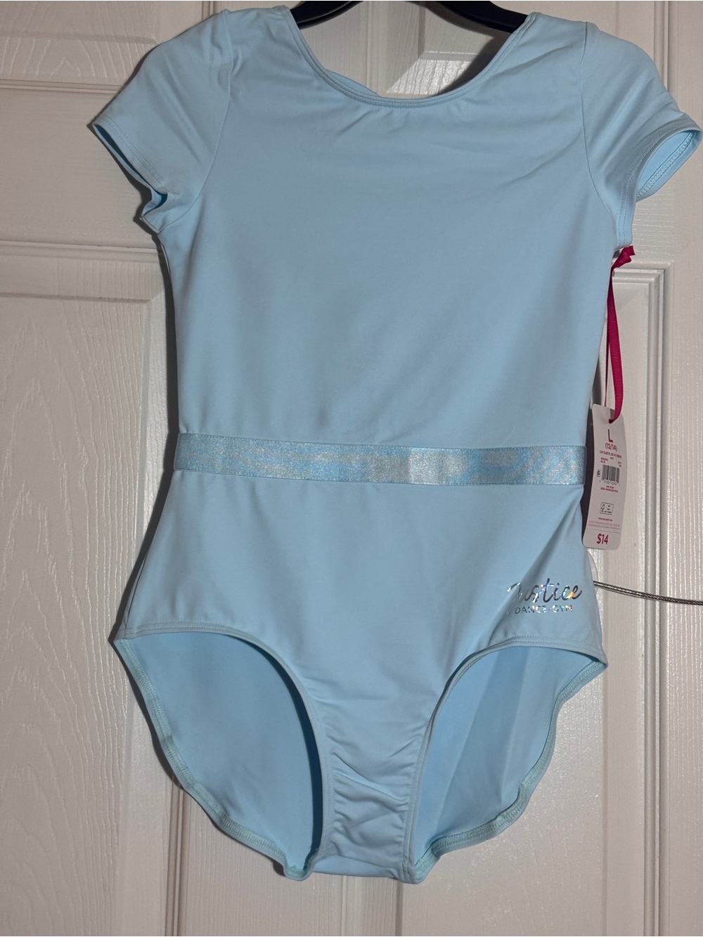 NWT Justice Girls Short Sleeve Leotard Light Blue Dance Gym Size L 12/14